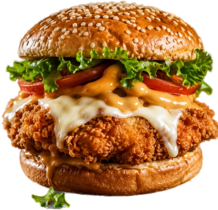 Hamburguesa de pollo crocante con queso fundido, lechuga y tomate